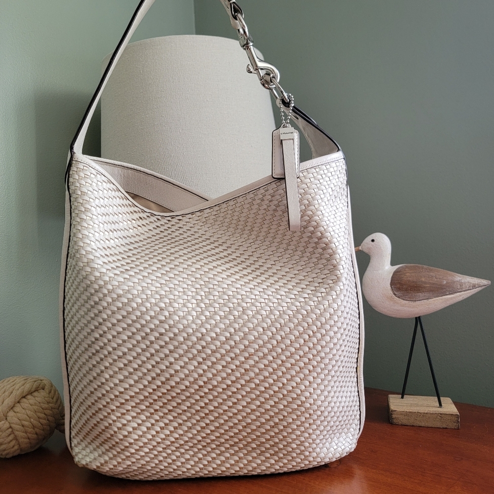 Coach F29894 Park Avery Hobo Bag White Silver Woven Leather Shoulder Purse